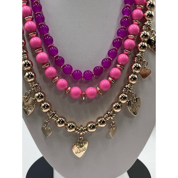 Lilly Pulitzer Triple Strand PINK Beaded GOLD HEART CHARM Love Necklace New - Picture 3 of 13